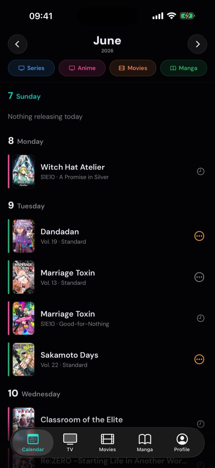Konsumr iOS app showing the release calendar