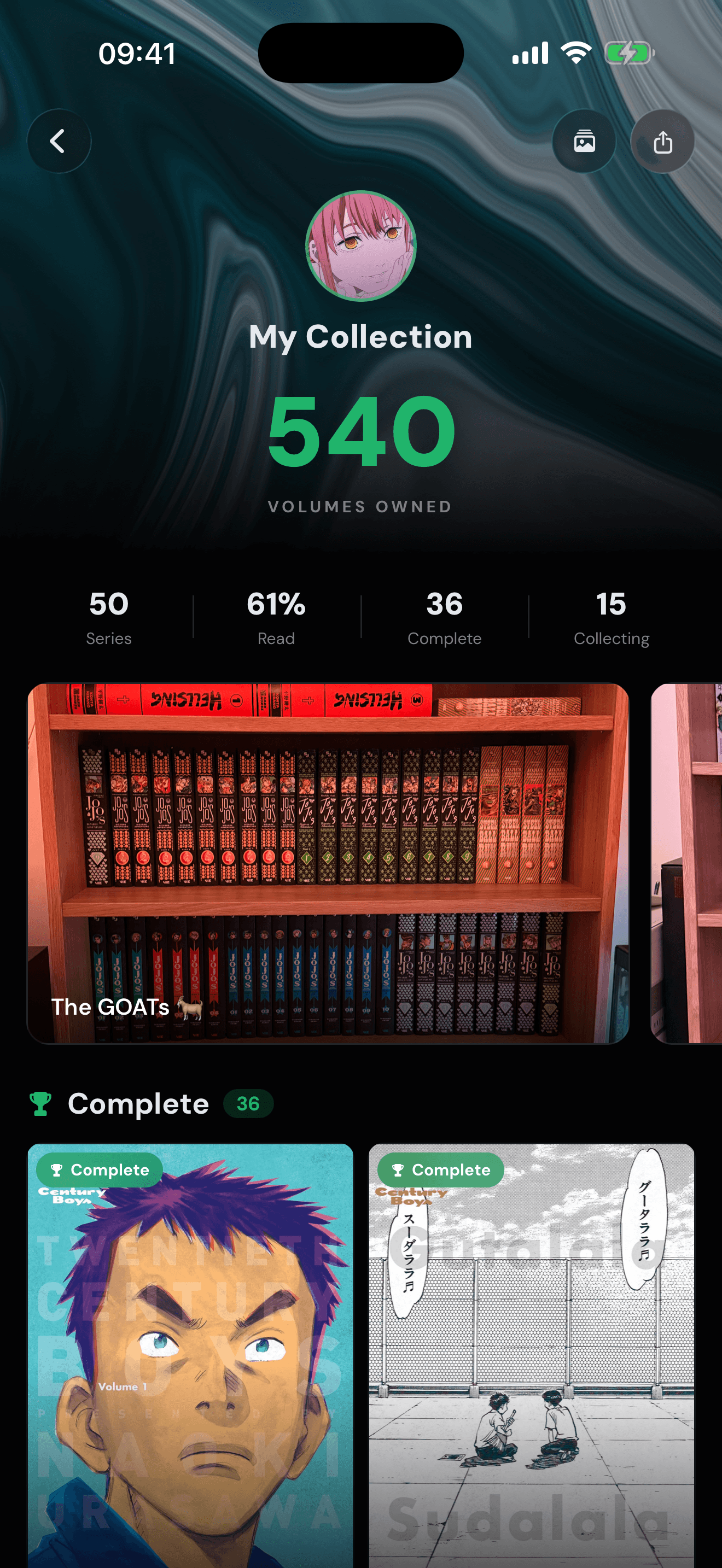 Konsumr iOS app showing a manga collection