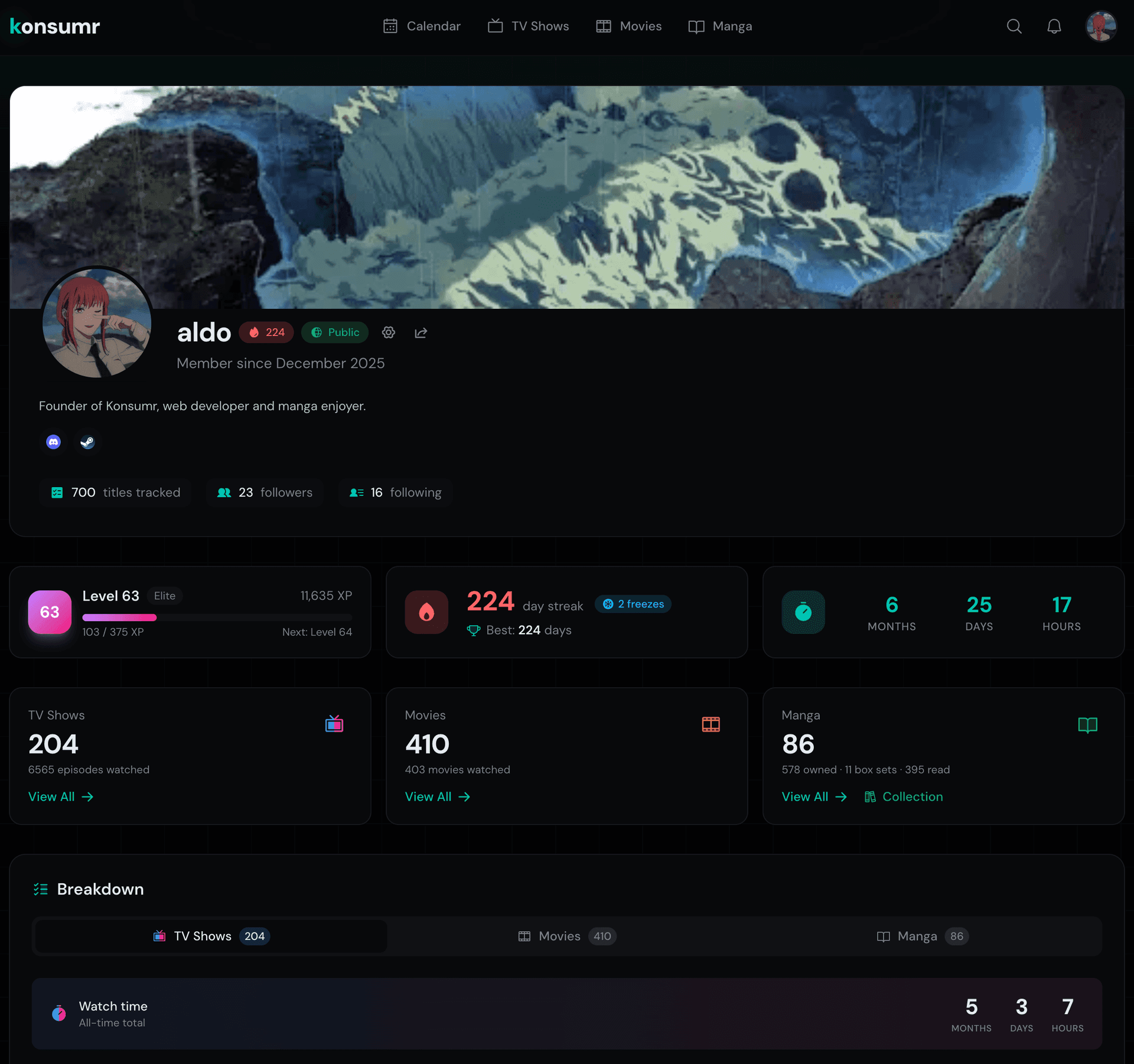Public profile with stats, streak, and achievements