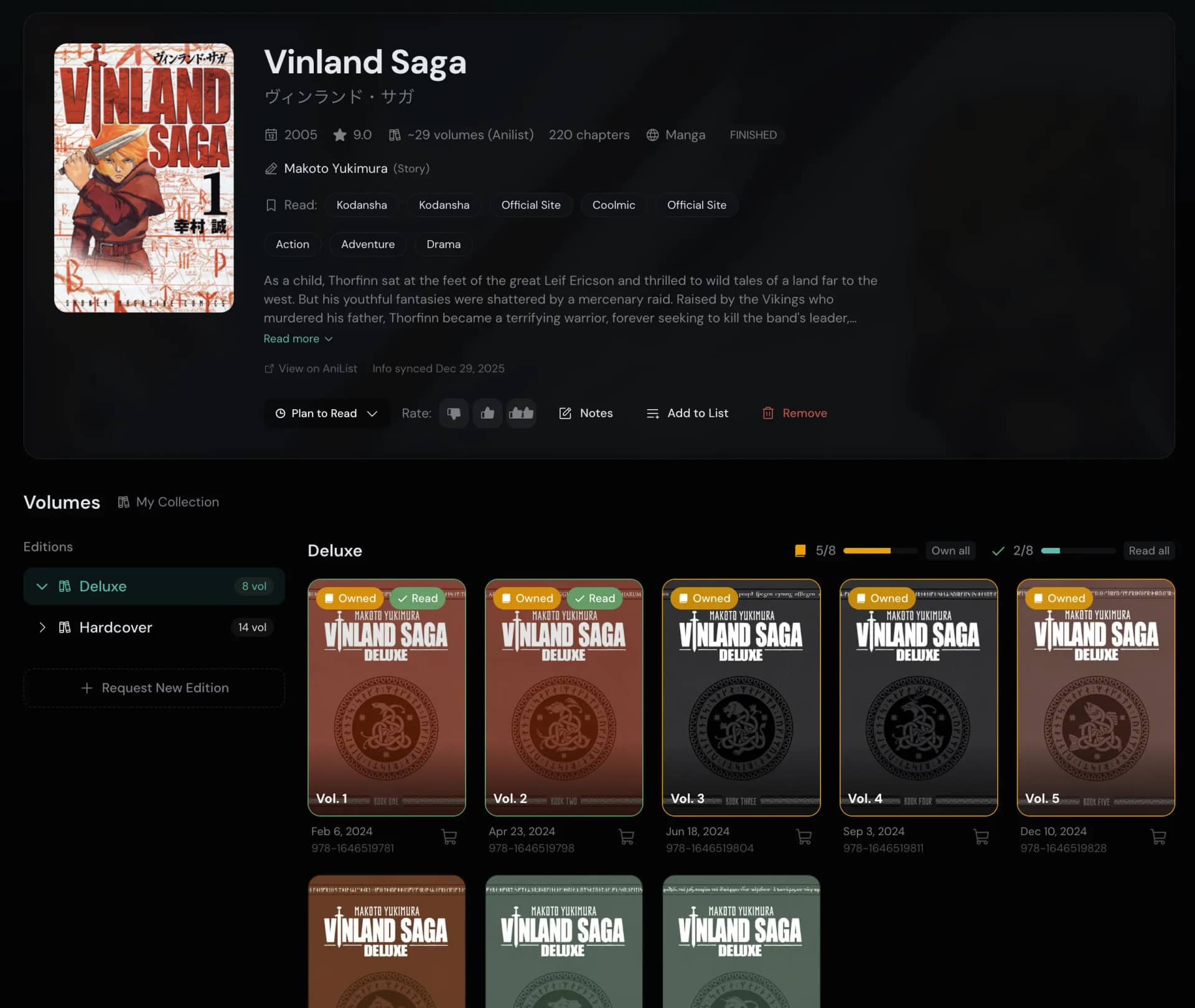 Manga volume grid with edition picker