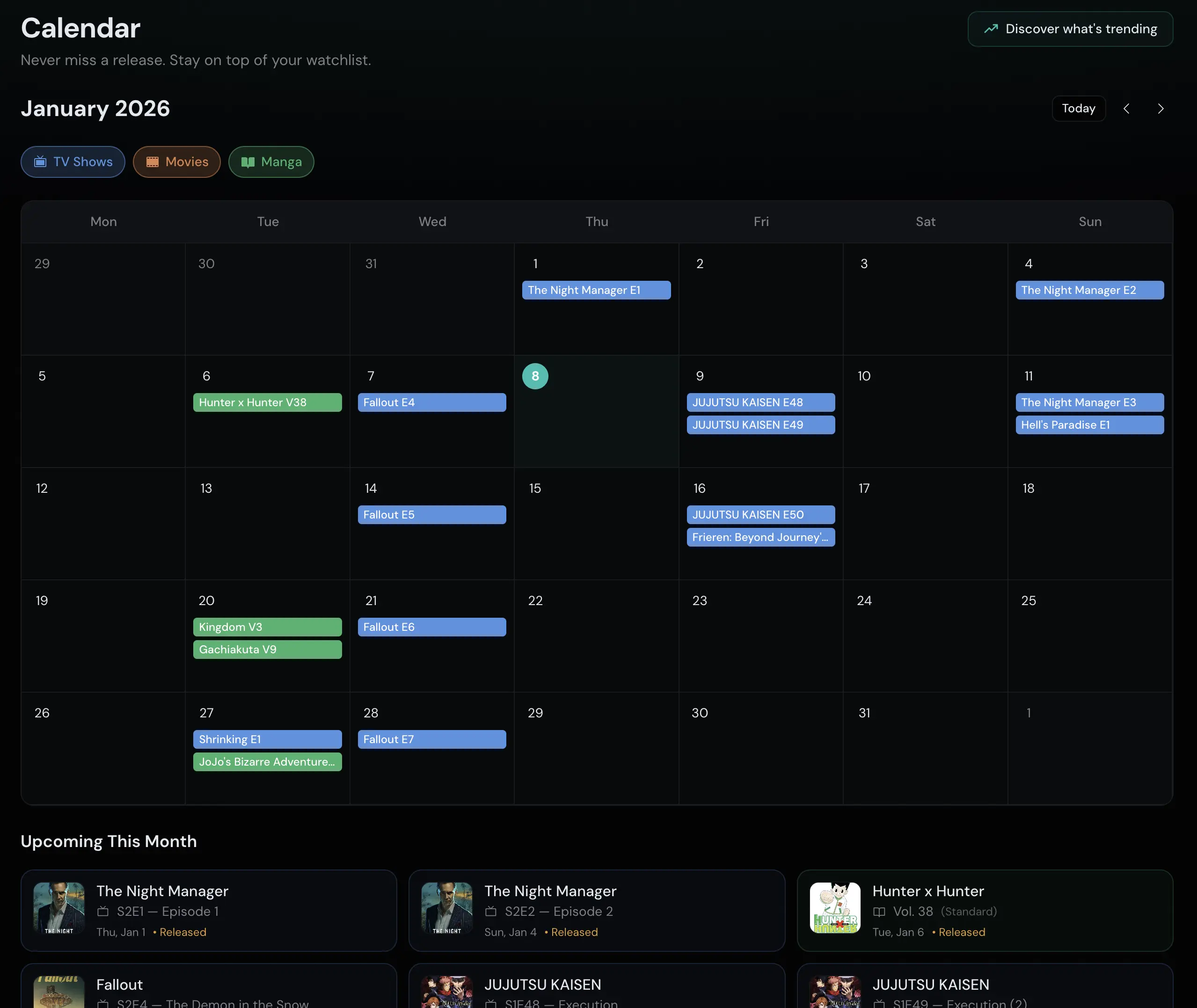 Release calendar